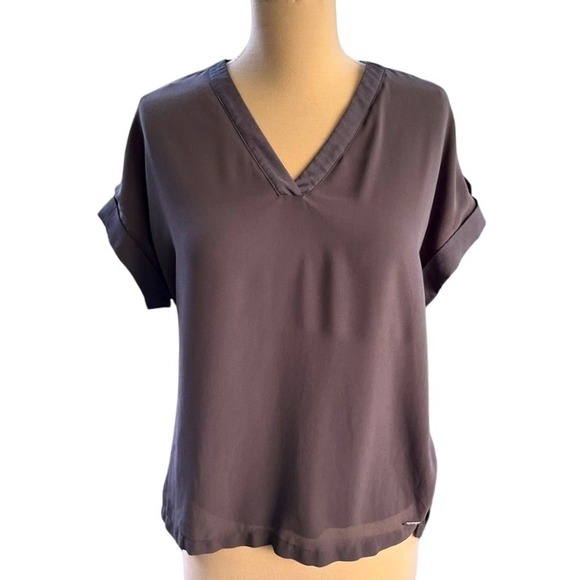 Calvin Klein Steampunk V-Neck Gray Blouse Tab Sleeves Relaxed Fit‎ Casual Top S - Picture 1 of 7